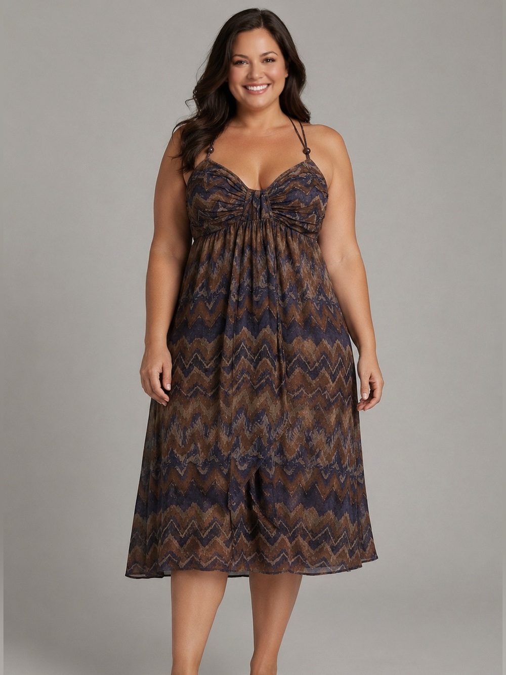 Banana Republic Strapless Dress Sz 14 100% Cotton Brown Blue Zigzag Print Bead